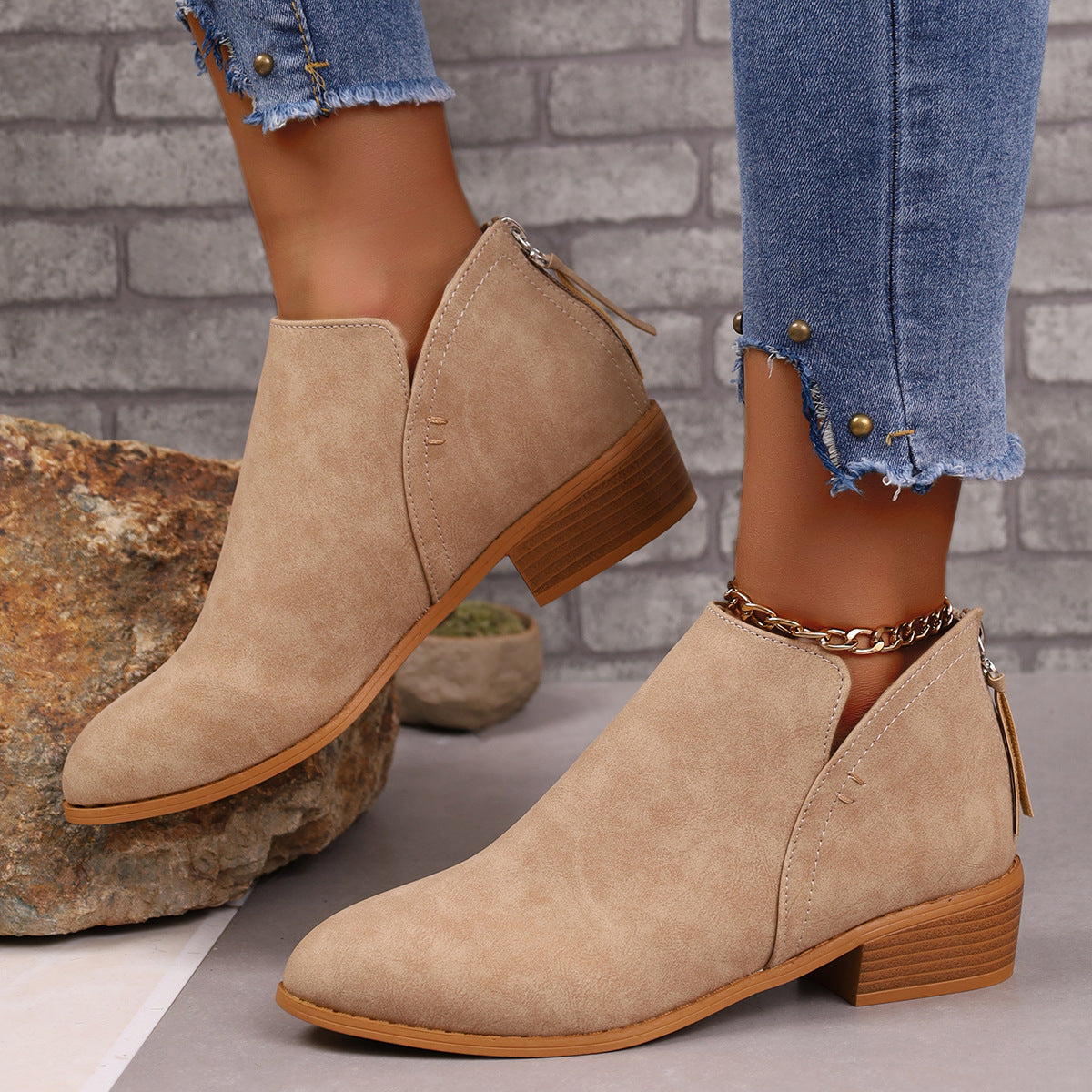 Chunky Heel Ankle Boots with V-Cut Design for Women - Fashionable Fall Winter Short Boots