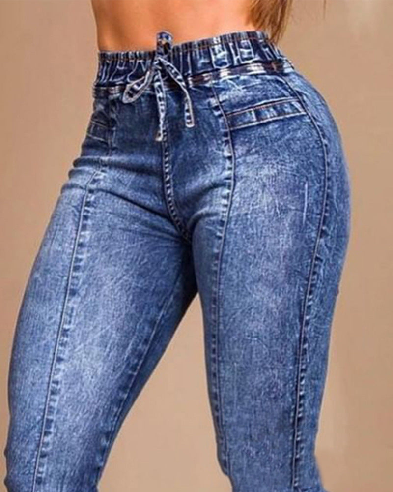 Women's Slim Fit Jeans with Elastic Waist and Lace Up Design