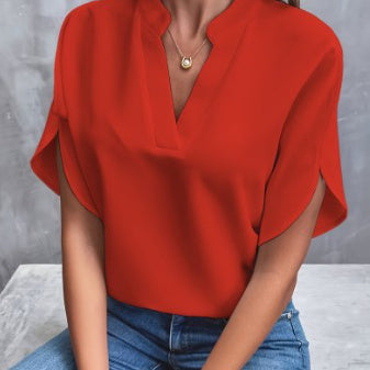 Summer New V-neck Casual Shirt for Women – Pure Color Short-Sleeved Versatile Top