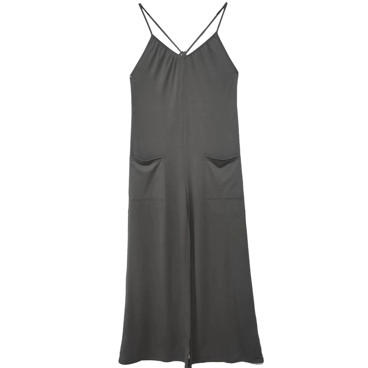 Ladies Jumpsuit with Solid Color Chest Pleated Design and Cross Suspenders