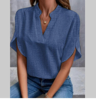 Summer New V-neck Casual Shirt for Women – Pure Color Short-Sleeved Versatile Top