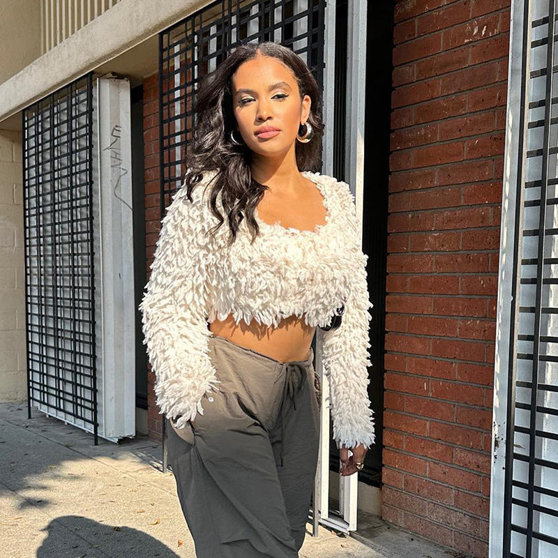 Women's Fur Cinched Top - Sexy Short Solid Color Blouse for Fashionable Outfits