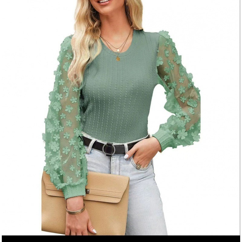 Women's Chiffon Summer Top with Mesh Small Flower Design, Round Neck Long Sleeve
