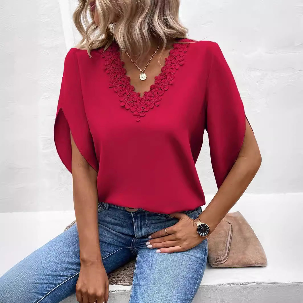 Lace V-neck Loose Shirt with Flared Sleeves