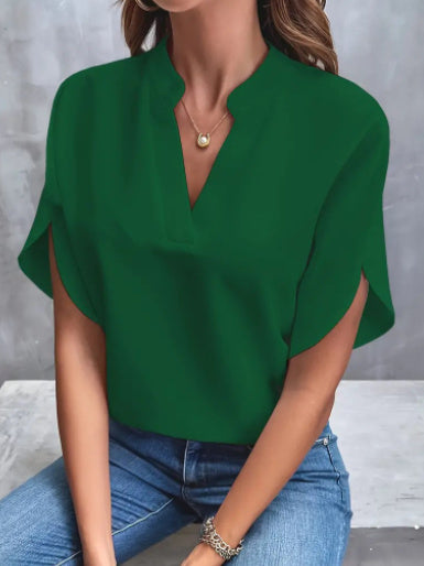 Summer New V-neck Casual Shirt for Women – Pure Color Short-Sleeved Versatile Top