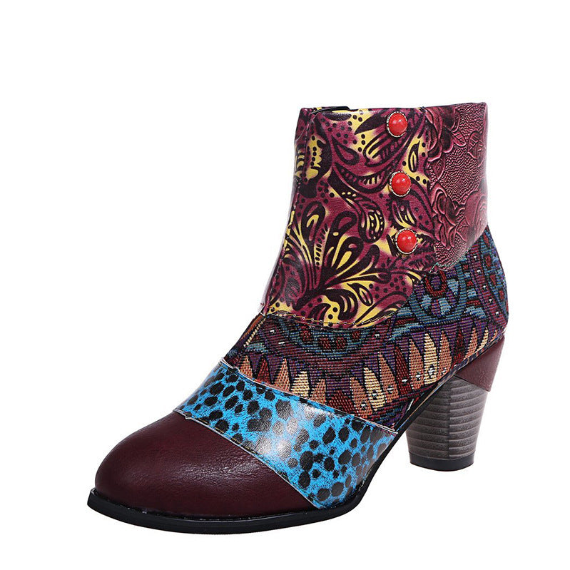Print Ankle Boots for Women - Chunky Mid Heel Side Zipper Shoes