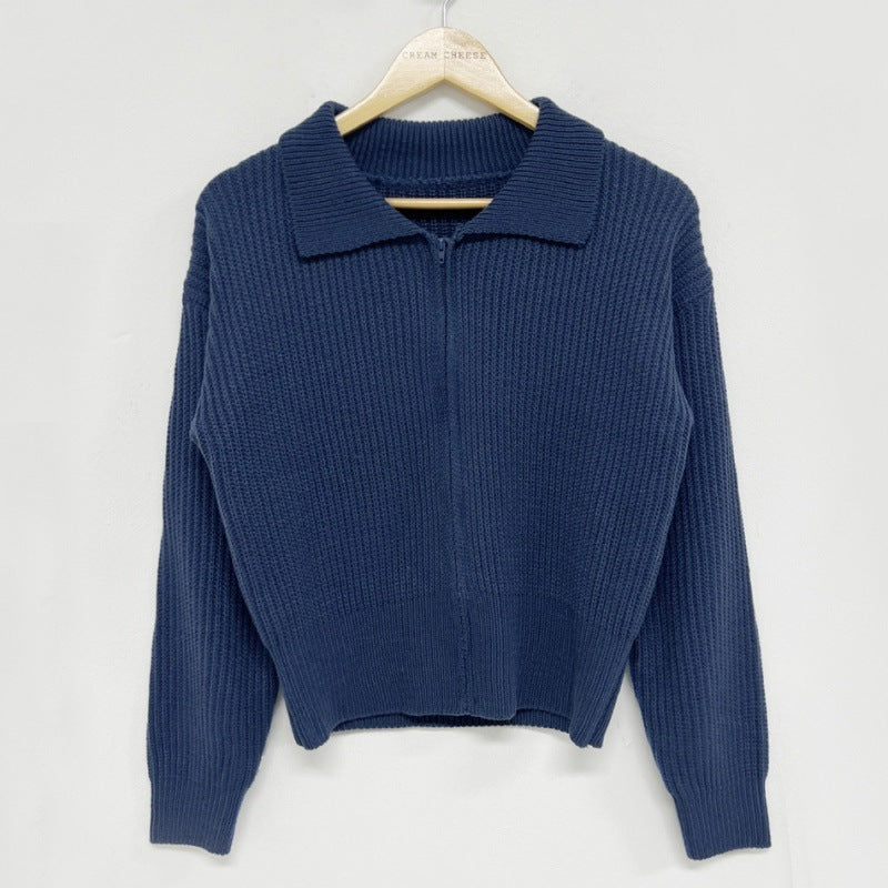 Lapel Zipper Sweater Coat for Casual Versatile Style