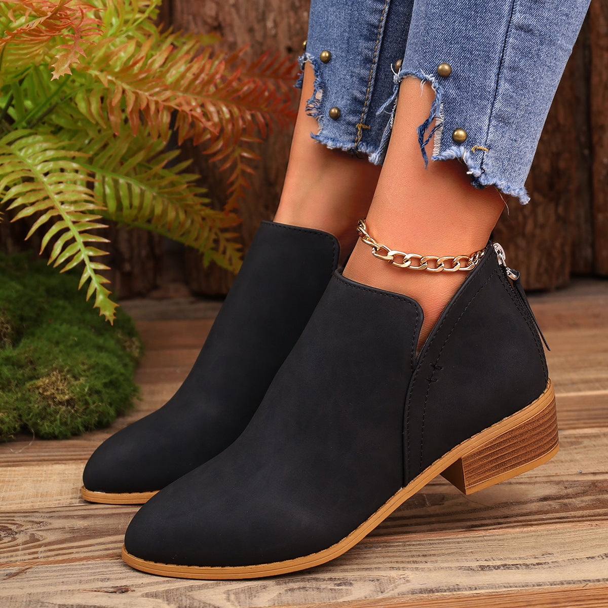 Chunky Heel Ankle Boots with V-Cut Design for Women - Fashionable Fall Winter Short Boots
