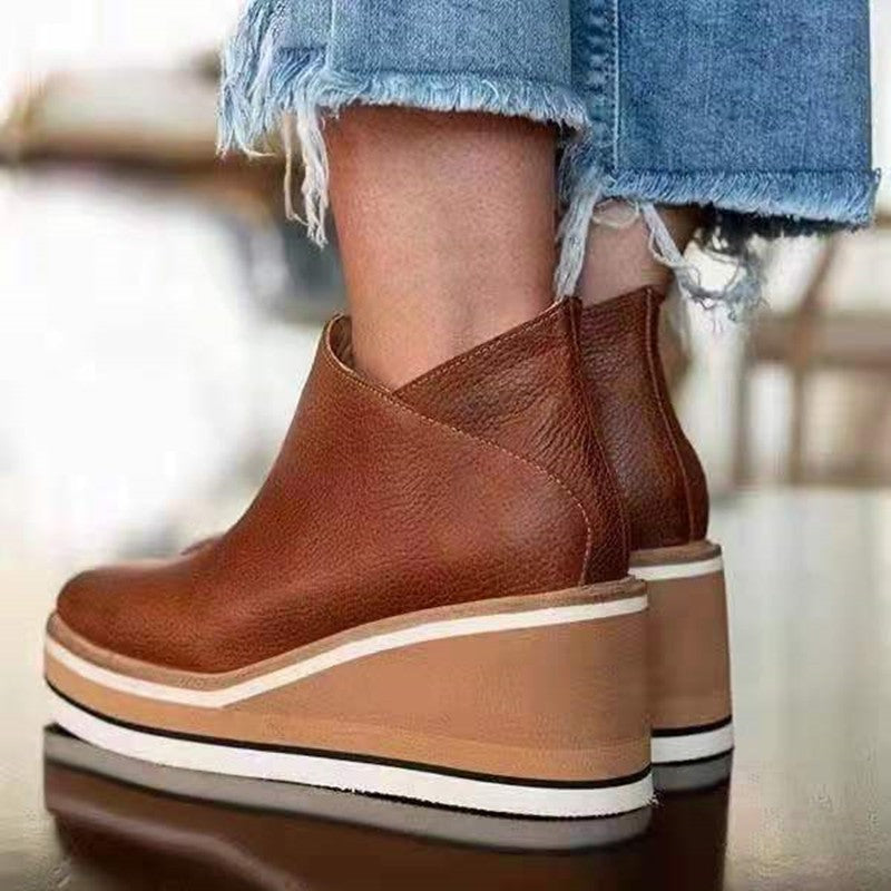 Wedge Ankle Boots - Thin Short Side Zipper Mid Heel Leather Surface