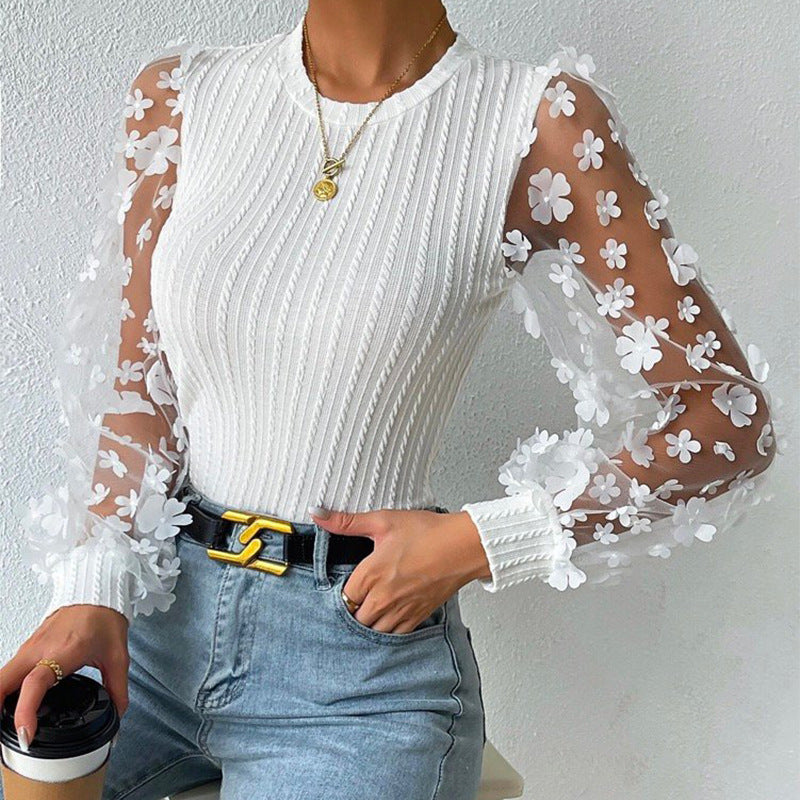 Women's Chiffon Summer Top with Mesh Small Flower Design, Round Neck Long Sleeve