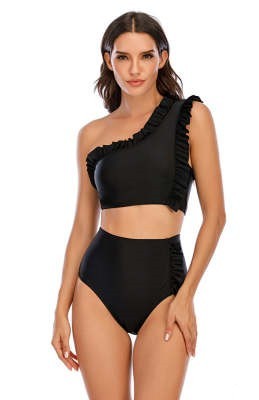 Flounced One-Shoulder High Waist Bikini Swimsuit Set