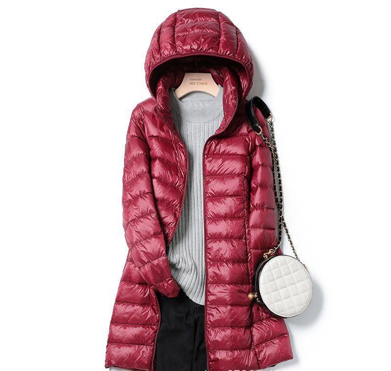 Down Jacket Women's Lightweight Down Jacket Mid-Length Hooded Warm with Detachable Hat