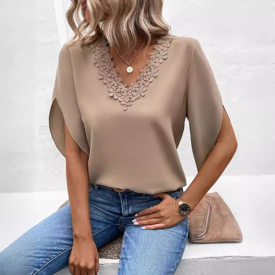 Lace V-neck Loose Shirt with Flared Sleeves
