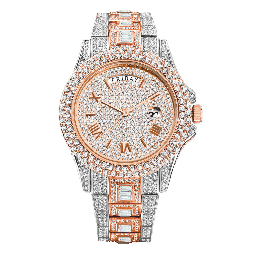 High-end Double Calendar Watch - Outside The Watch Fashionable Business Full Diamond Quartz