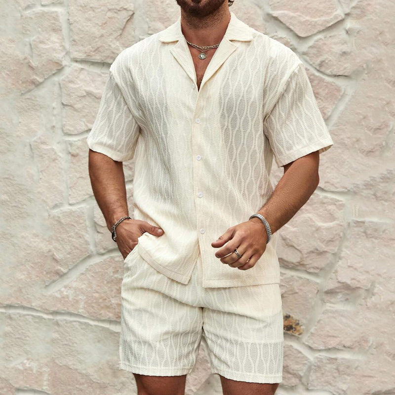 Men's Summer Tracksuits Solid Loose Casual Two Piece Lapel Button Shirt Shorts Beach Holiday All-match Outfits Male