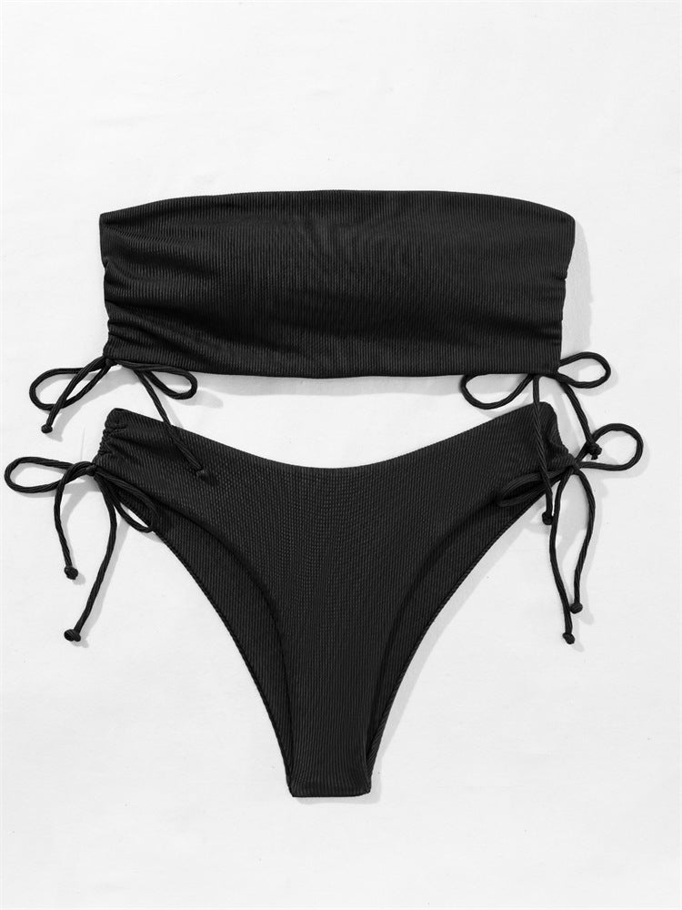 Summer Tube Bikini - Drawstring Design Solid Color Sexy Swimsuit for Beach Party