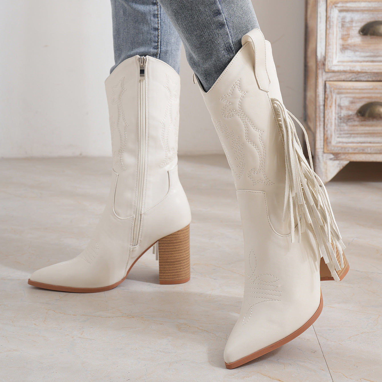 Embroidered Cowboy Boot with Tassels - White Western Style