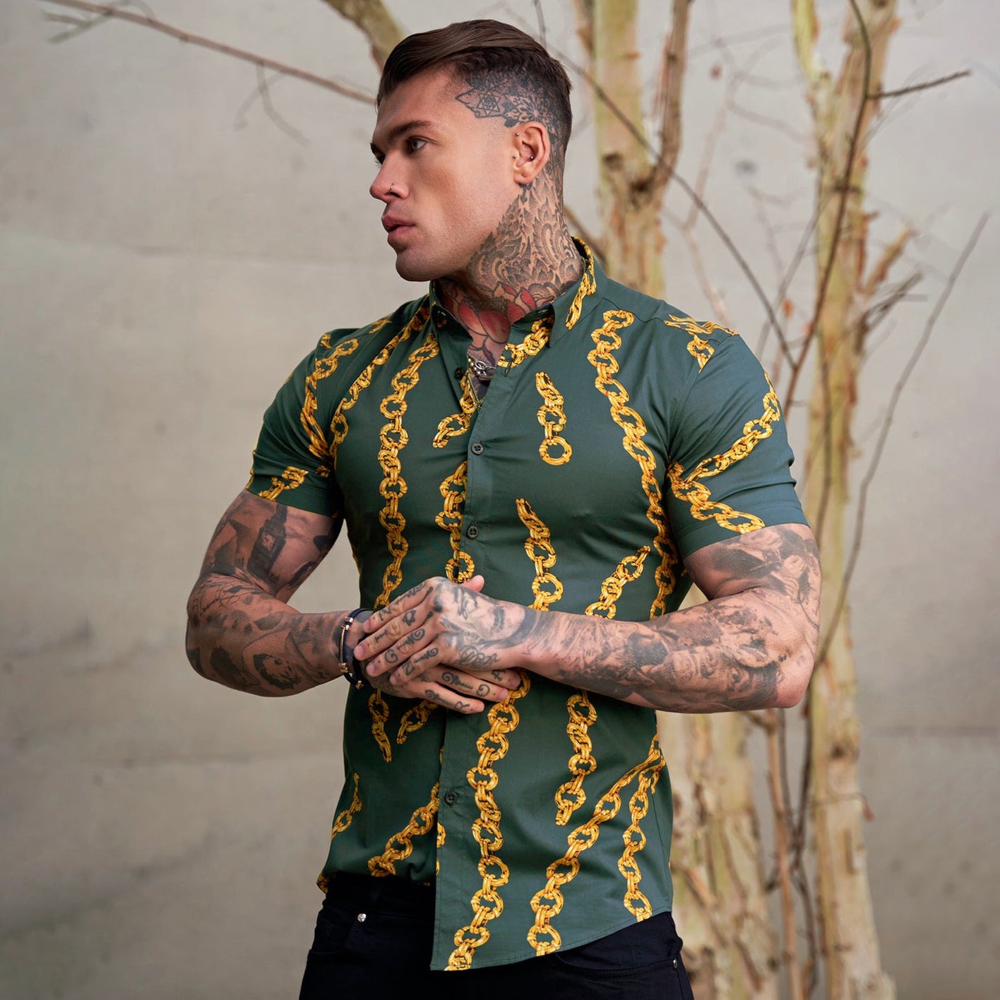 Men's Summer Slim Fit Shirt - Fashion Stretch 3D Printing Lapel Short Sleeves