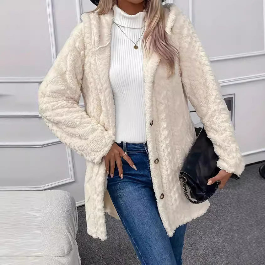 Hooded Button Cardigan Long Sleeve Solid Colour Coat