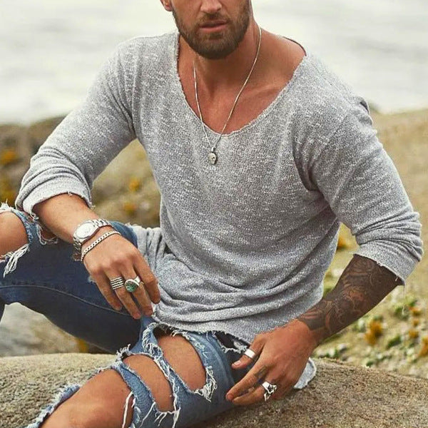Men's Boho Casual T-shirt with Loose Fit Long Sleeves and Collar