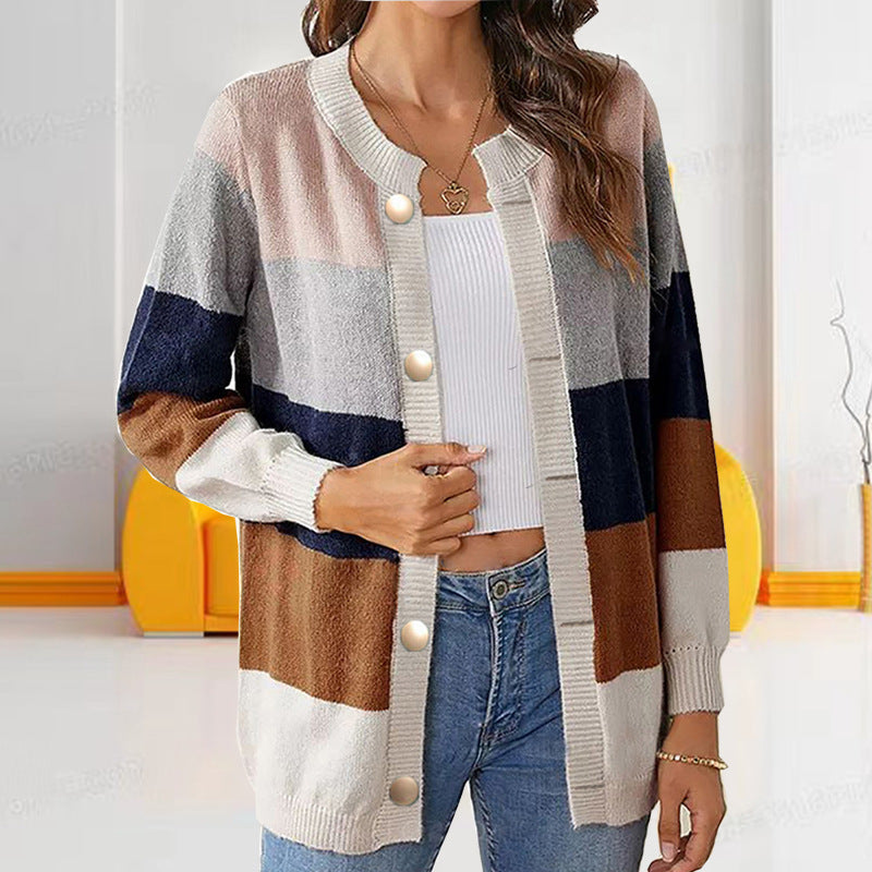Women's Loose Sweater Coat - Color Matching Temperament Crew Neck Design