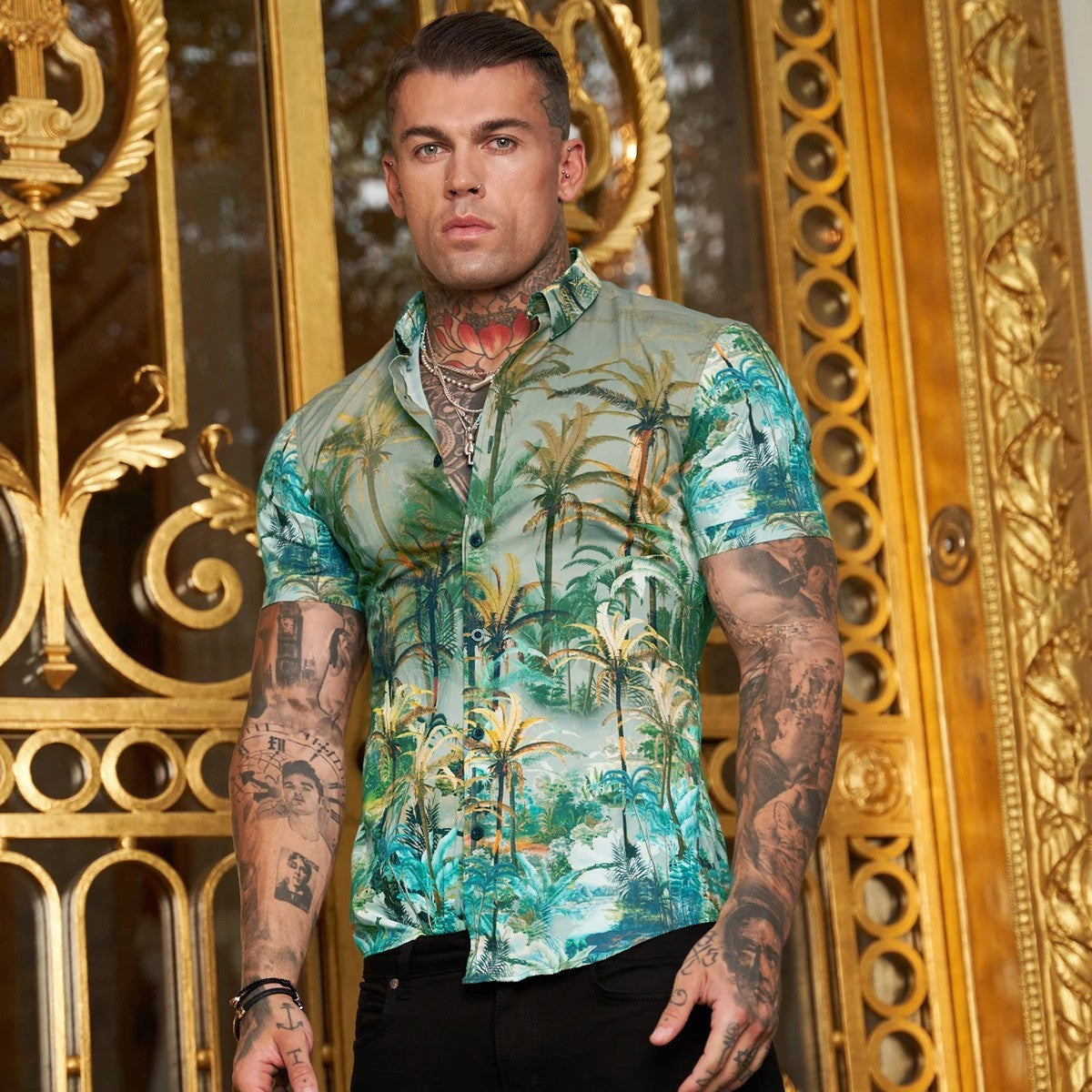 Men's Summer Slim Fit Shirt - Fashion Stretch 3D Printing Lapel Short Sleeves