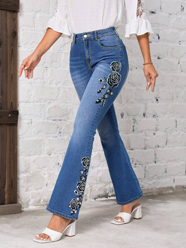 Women's Floral Embroidered Flared Jeans for Trendy Fashion