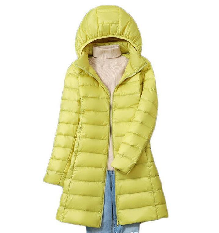 Down Jacket Women's Lightweight Down Jacket Mid-Length Hooded Warm with Detachable Hat