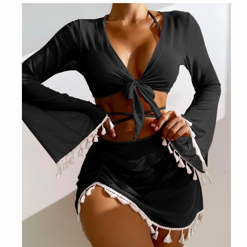 4pcs Solid Color Bikini Set with Short Skirt and Long Sleeve Cover-up Fashion Bow Tie Fringed Summer Beach Womens Clothing
