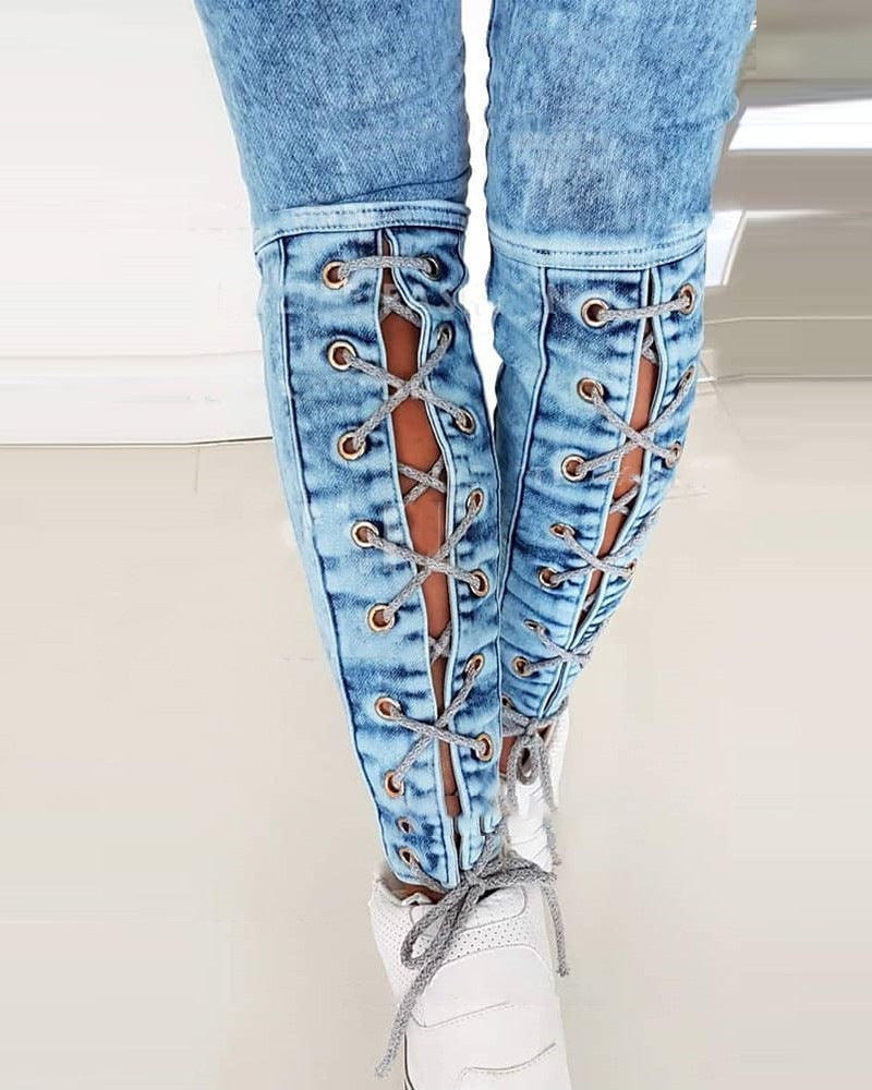 Women's High Waist Lace-up Jeans - Stretch Skinny Fit for Ultimate Style
