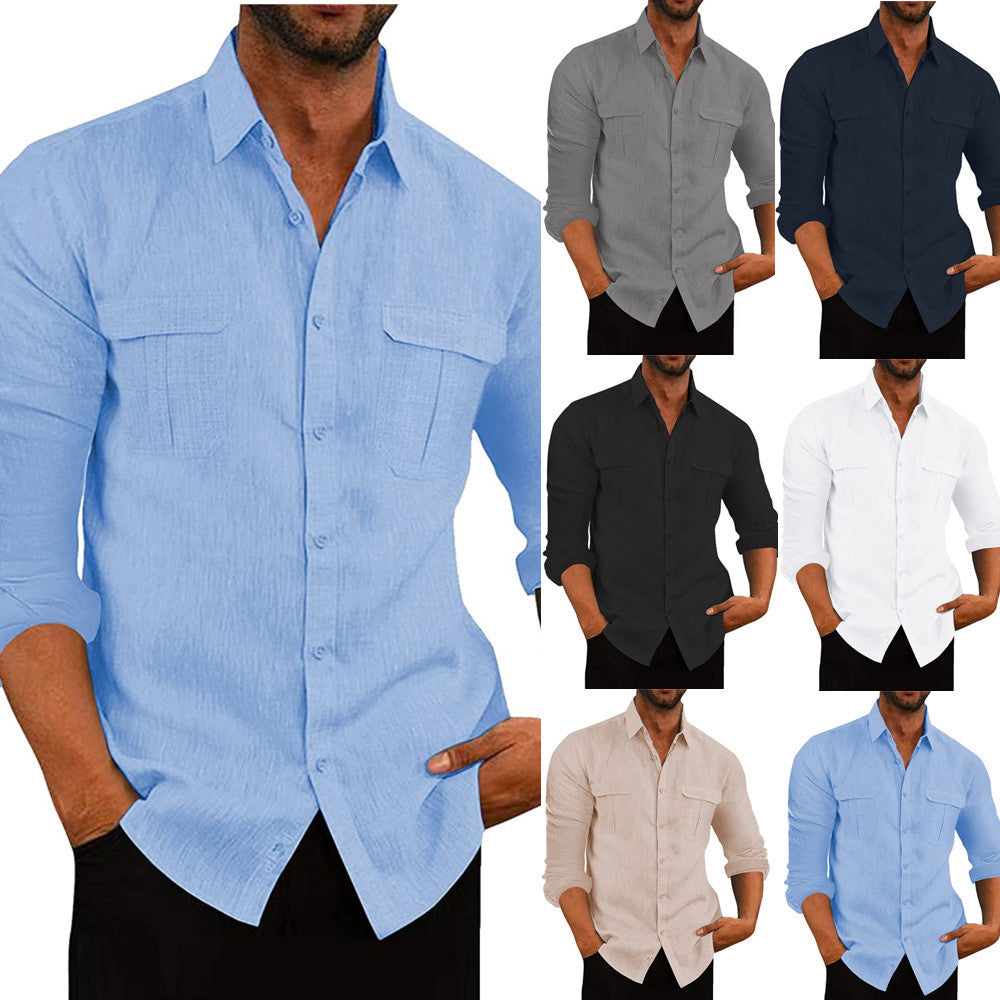 Men's Cotton Linen Shirt with Double Pockets for Casual Wear