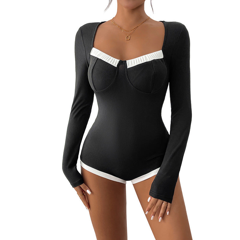 Long Sleeve Knitted Jumpsuit with Square-neck Contrast Color Design