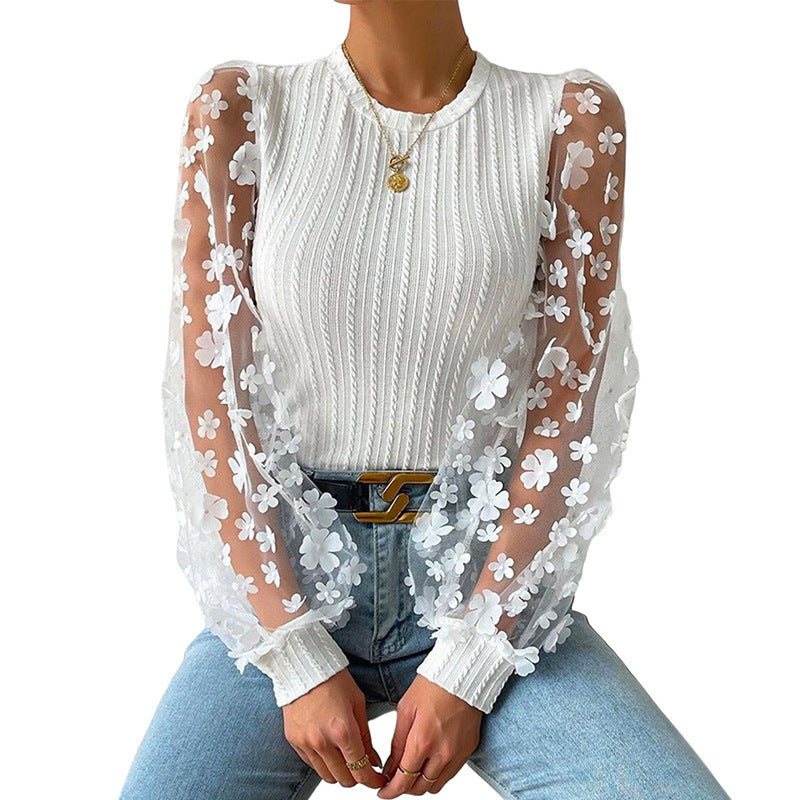 Women's Chiffon Summer Top with Mesh Small Flower Design, Round Neck Long Sleeve