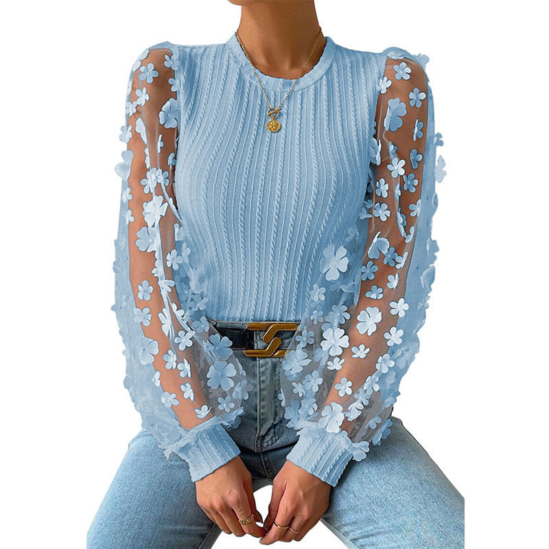 Women's Chiffon Summer Top with Mesh Small Flower Design, Round Neck Long Sleeve