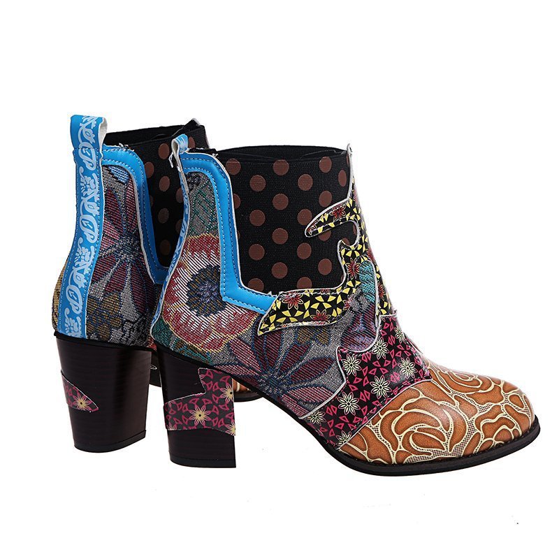 Print Ankle Boots for Women - Chunky Mid Heel Side Zipper Shoes