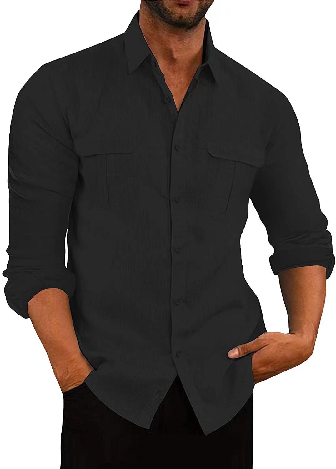 Men's Cotton Linen Shirt with Double Pockets for Casual Wear
