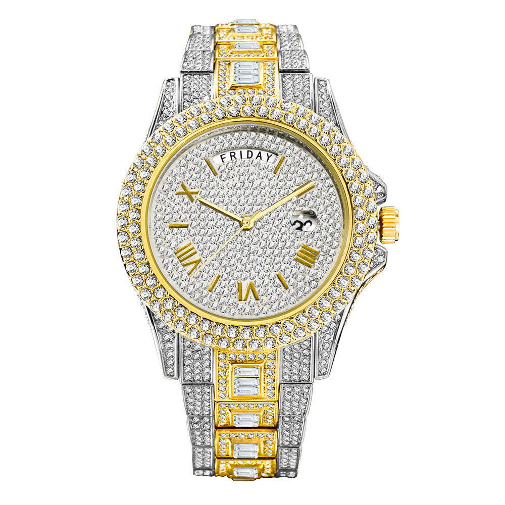 High-end Double Calendar Watch - Outside The Watch Fashionable Business Full Diamond Quartz