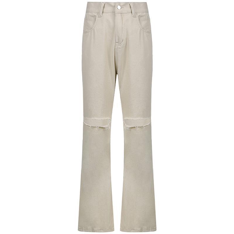 Casual Wide-leg Ripped Denim Pants High-waist Trousers