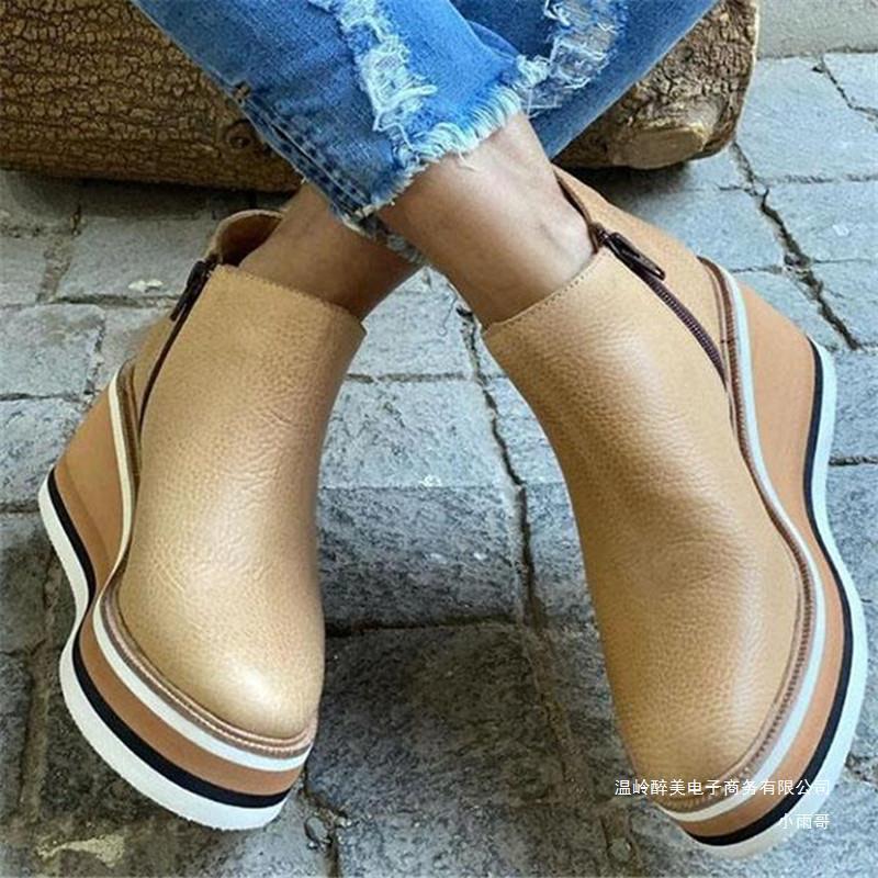 Wedge Ankle Boots - Thin Short Side Zipper Mid Heel Leather Surface