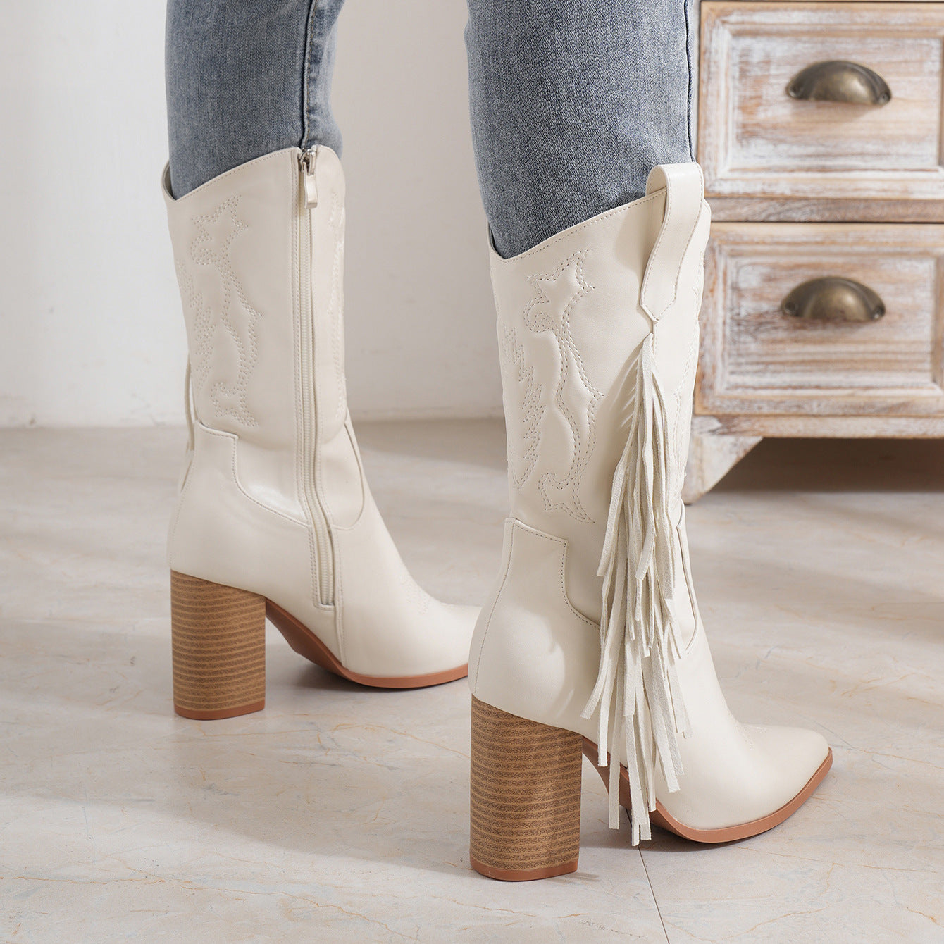 Embroidered Cowboy Boot with Tassels - White Western Style