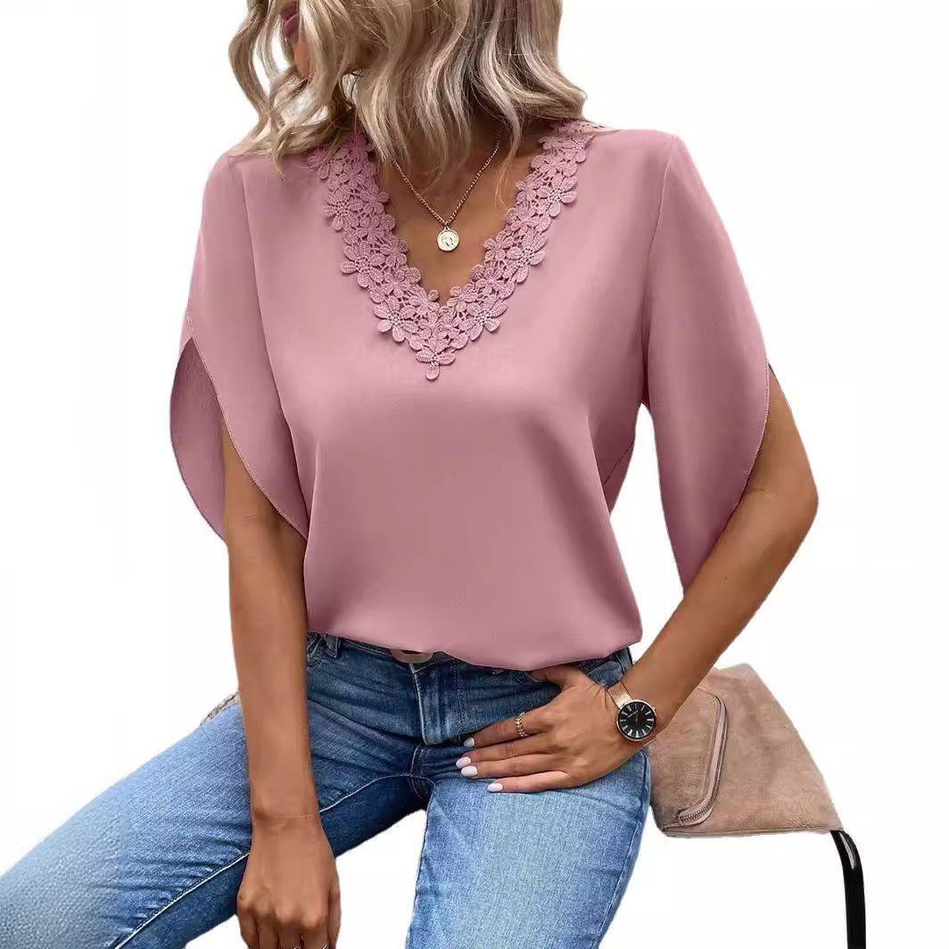 Lace V-neck Loose Shirt with Flared Sleeves
