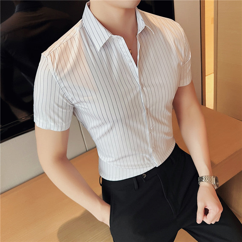 Men's Ice Silk Shirt - Leisure Short Sleeve Striped Design