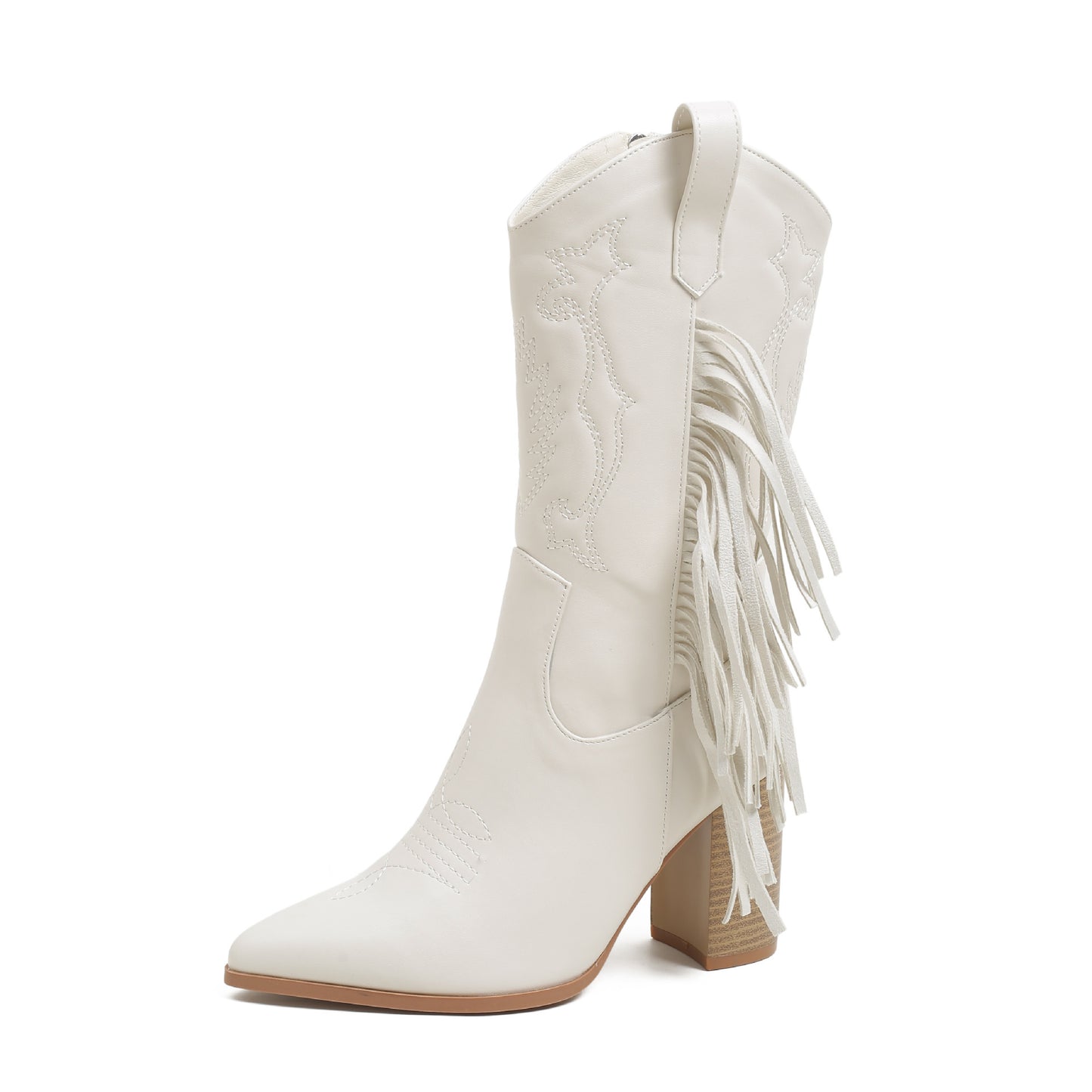 Embroidered Cowboy Boot with Tassels - White Western Style