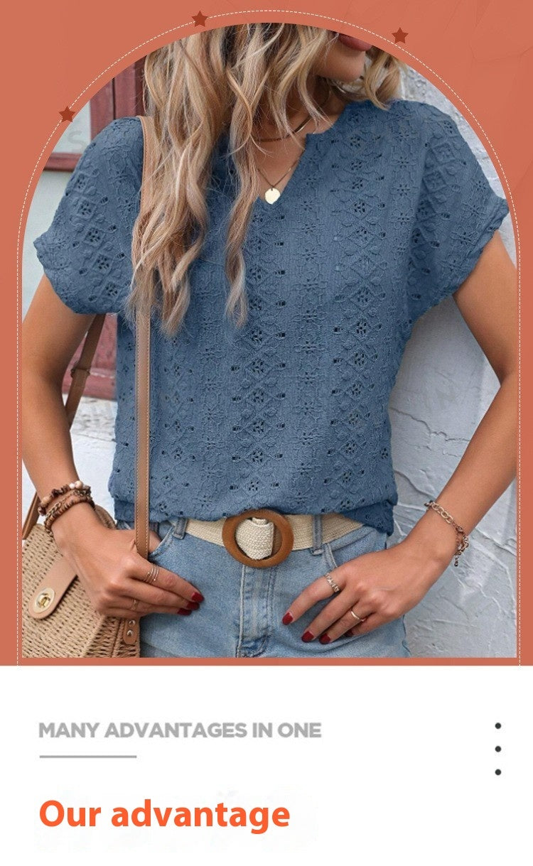 Women's V-neck Casual T-shirt - Hollow Out K Short Sleeve Slim Top for Stylish Comfort