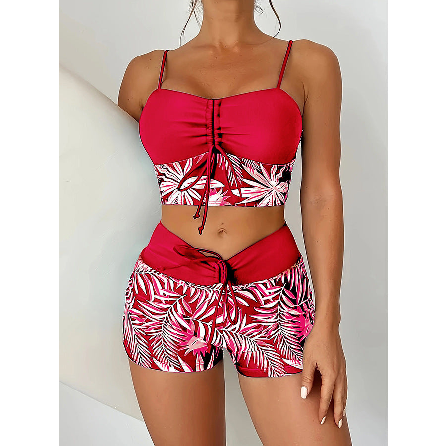 Women's Lace Printing Swimsuit with Split High Waist Boxer Design