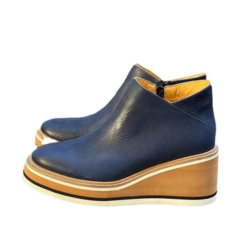 Wedge Ankle Boots - Thin Short Side Zipper Mid Heel Leather Surface