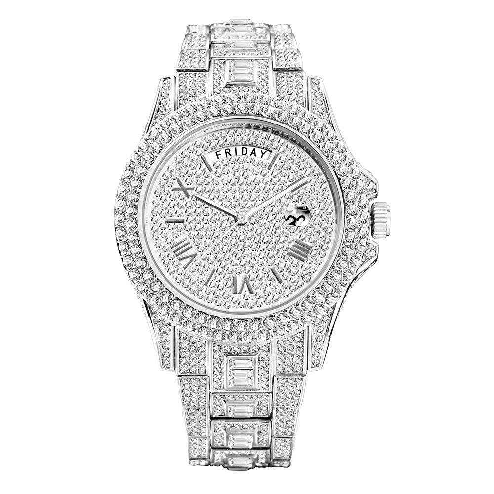 High-end Double Calendar Watch - Outside The Watch Fashionable Business Full Diamond Quartz