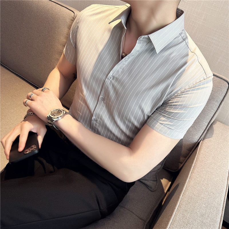 Men's Ice Silk Shirt - Leisure Short Sleeve Striped Design