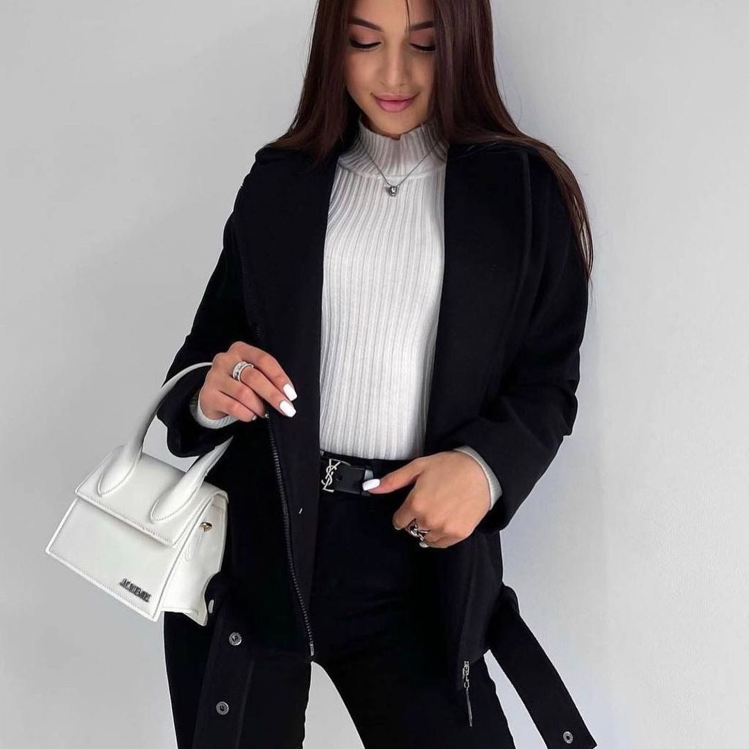 Woolen Lapel Coat - Belted Long-Sleeved Woolen Overcoat
