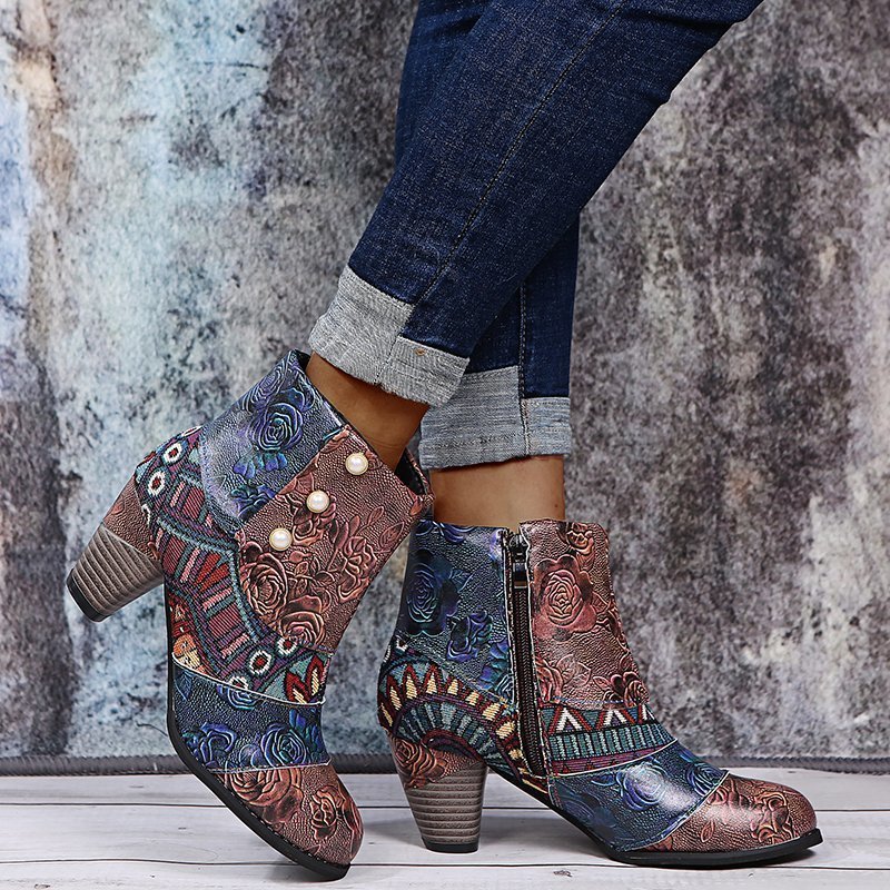 Print Ankle Boots for Women - Chunky Mid Heel Side Zipper Shoes